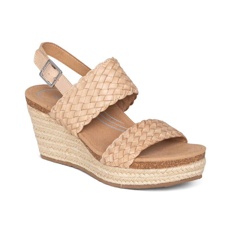 Aetrex Womens Summer Woven Quarter Strap Wedges Bone - YqboWtP55